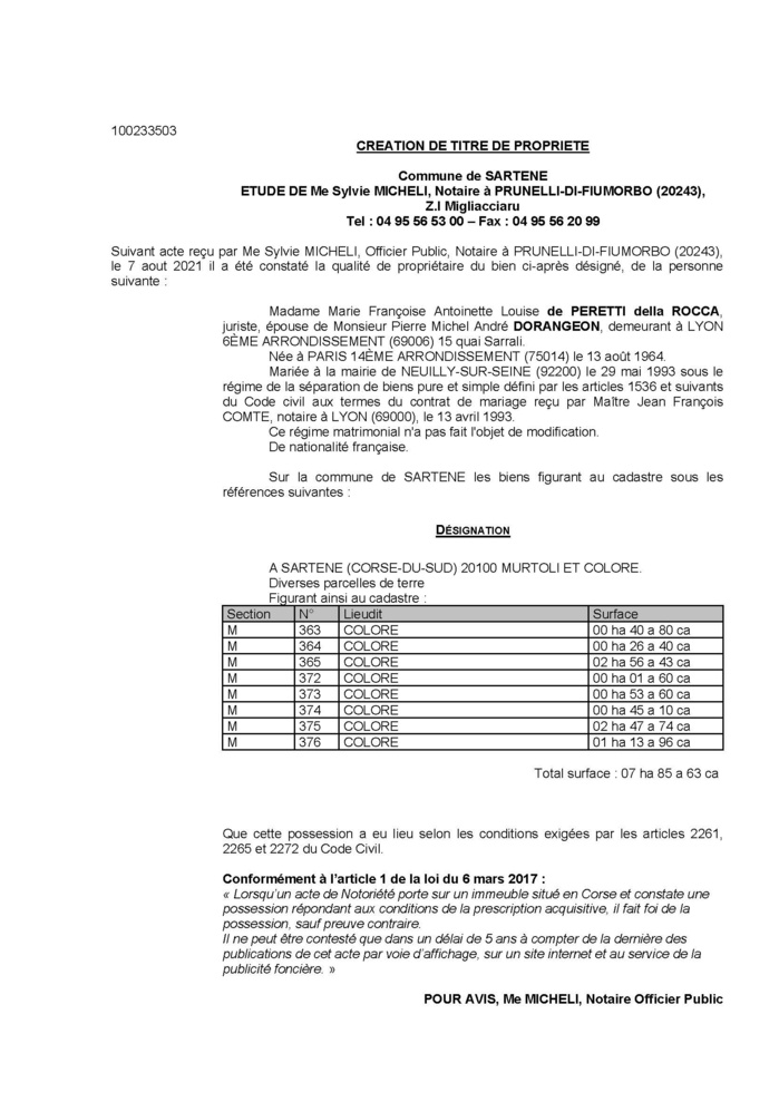 Avis de création de titre de propriété - Commune de Sartène (Corse-du-Sud)