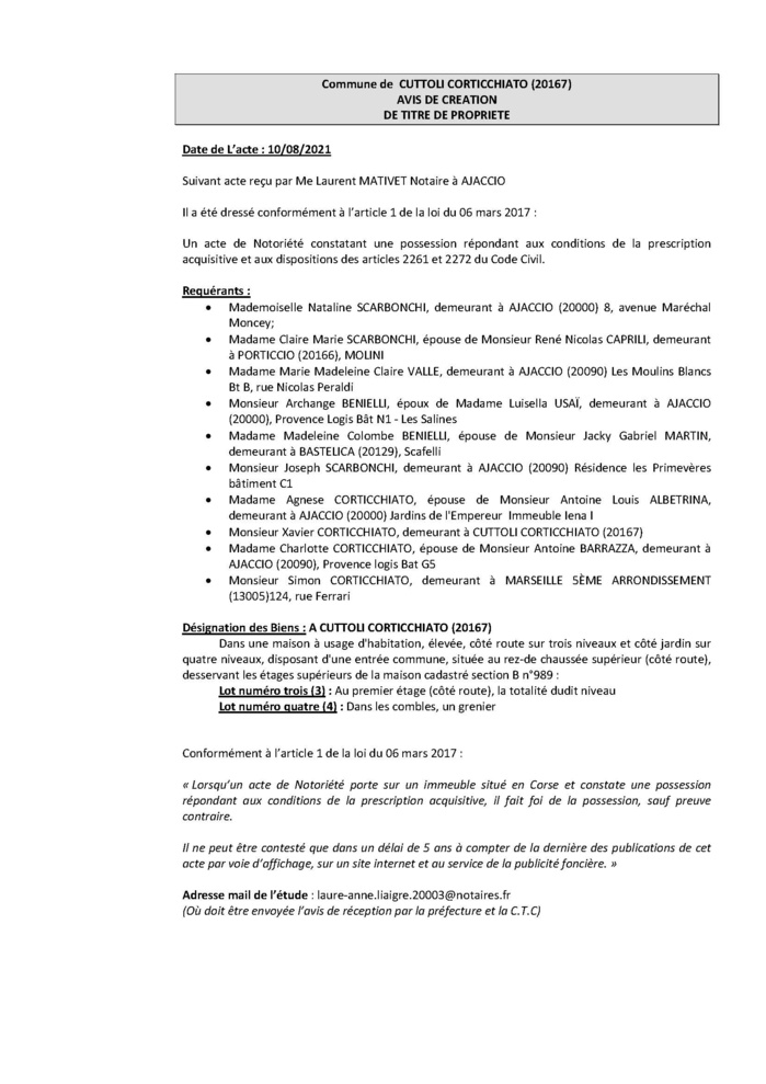Avis de création de titre de propriété - Commune de Cuttoli Corticchiato (Corse-du-Sud)