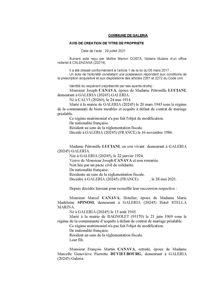 Avis de création de titre de propriété - Commune de Galeria (Haute-Corse)