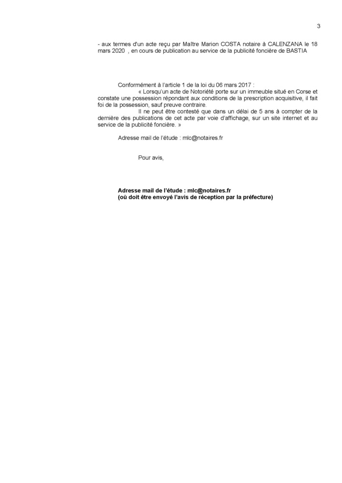 Avis de création de titre de propriété - Commune de Galeria (Haute-Corse)