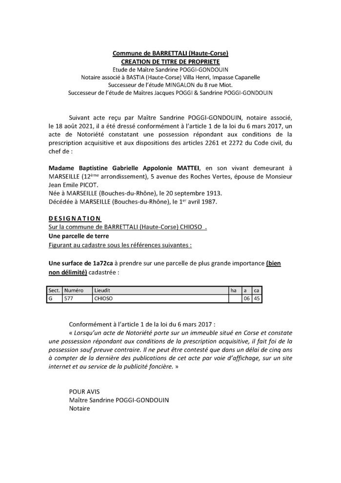 Avis de création de titre de propriété - Commune de Barrettali (Haute-Corse)