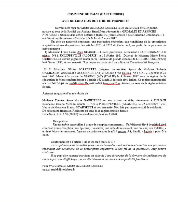  Avis de création de titre de propriété - Commune de Calvi (Haute-Corse)
