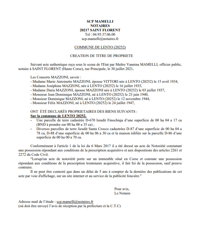 Avis de création de titre de propriété - Commune de Lento (Haute-Corse)