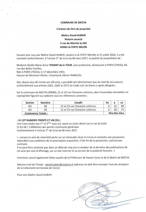 Avis de création de titre de propriété - Commune de Bastia (Haute-Corse)