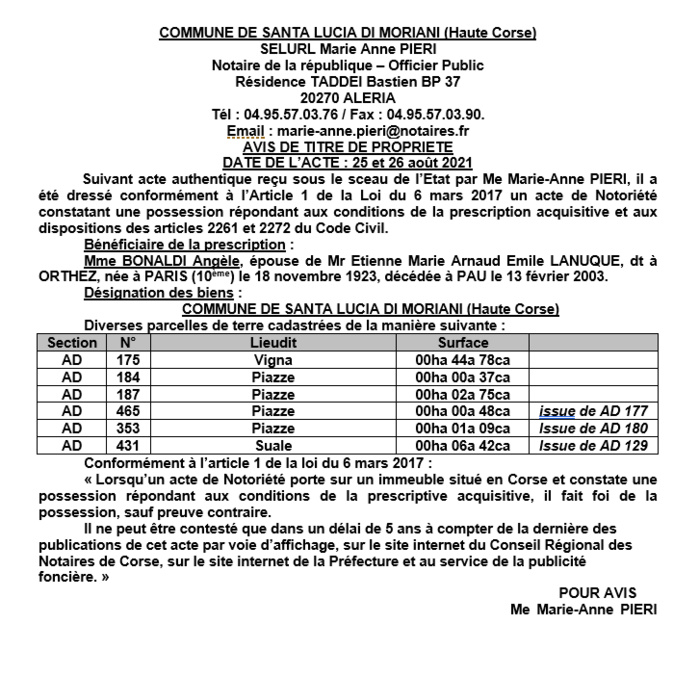 Avis de création de titre de propriété - Commune de Santa Lucia di Moriani (Haute-Corse) Avis de création de titre de propriété - Commune de Santa Lucia di Moriani (Haute-Corse)