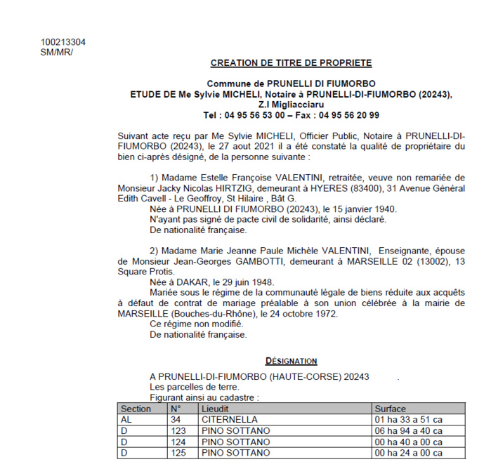 Avis de création de titre de propriété - Commune de Prunelli di Fiumorbu (Haute-Corse)
