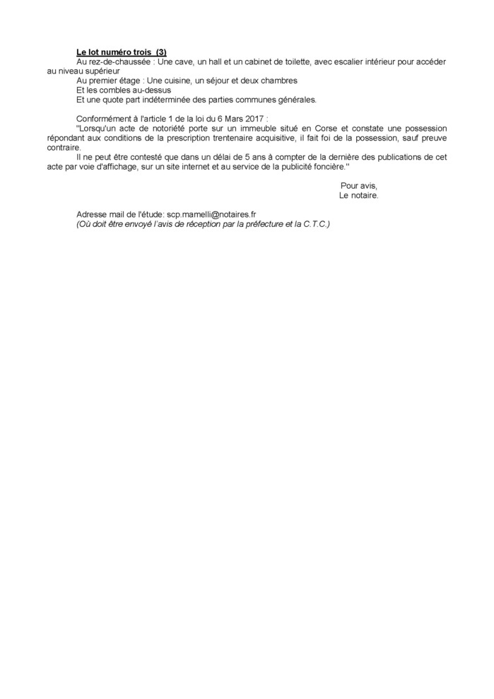Avis de création de titre de propriété - Commune de Prunelli di Fiumorbu (Haute-Corse)