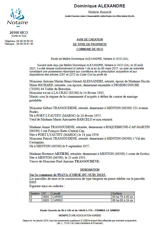 Avis de création de titre de propriété - Commune de Vico (Corse du Sud)