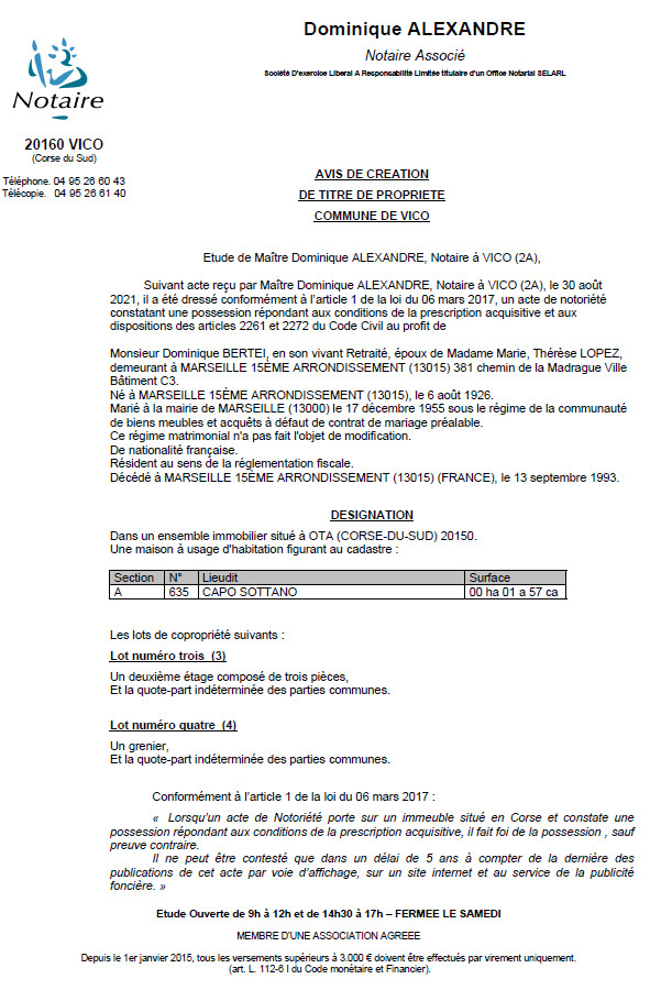 Avis de création de titre de propriété - Commune de Vico (Corse du Sud)