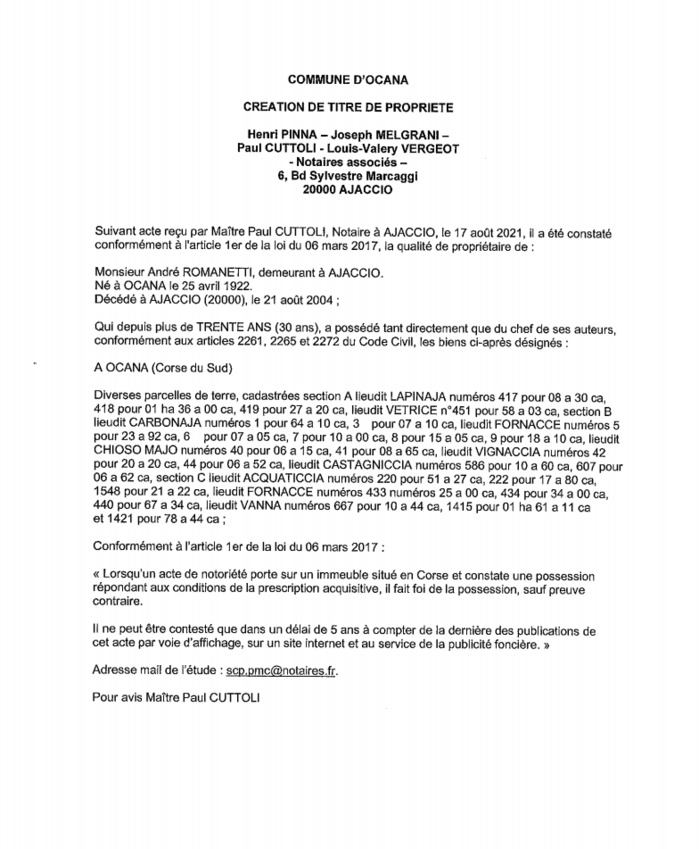 Avis de création de titre de propriété - Commune d'Ocana (Corse-du-Sud) Avis de création de titre de propriété - Commune d'Ocana (Corse-du-Sud)