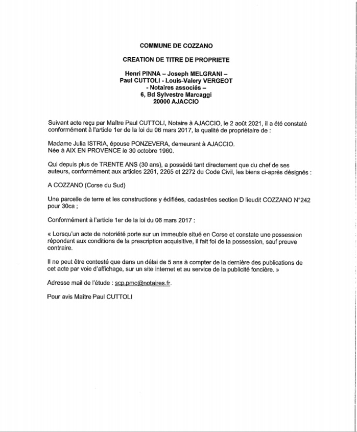 Avis de création de titre de propriété - Commune de Cozzano (Corse-du-Sud)