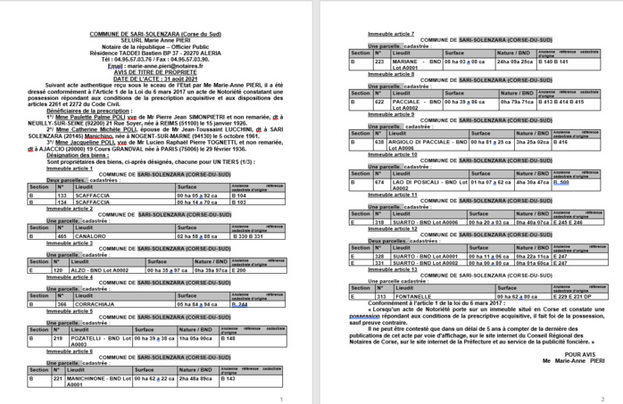 Avis de création de titre de propriété - Commune de Sari-Solenzara (Corse-du-Sud) Avis de création de titre de propriété - Commune de Sari-Solenzara (Corse-du-Sud)