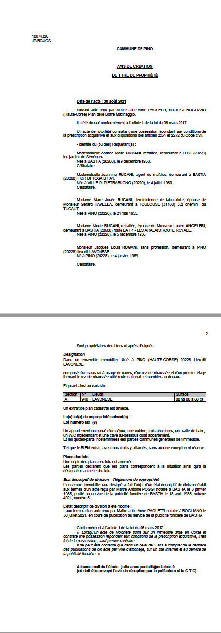Avis de création de titre de propriété - Commune de Pino (Haute-Corse)