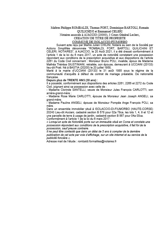 Avis de création de titre de propriété - Commune d'Isolaccio-Fiumorbo (Corse-du-Sud)