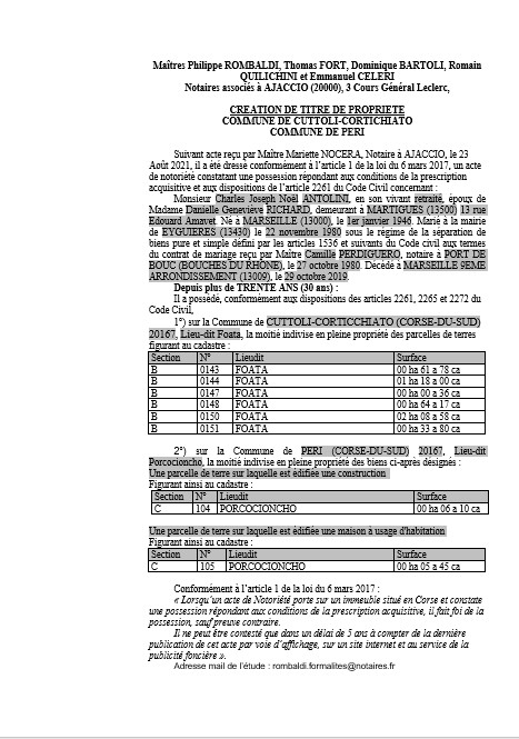 Avis de création de titre de propriété - Commune de Cuttoli-Corticchiato (Corse-du-Sud)