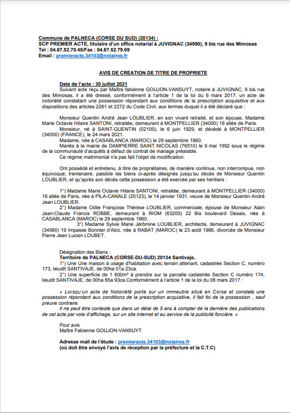 Avis de création de titre de propriété - Commune de Palneca (Corse-du-Sud) Avis de création de titre de propriété - Commune de Palneca (Corse-du-Sud)