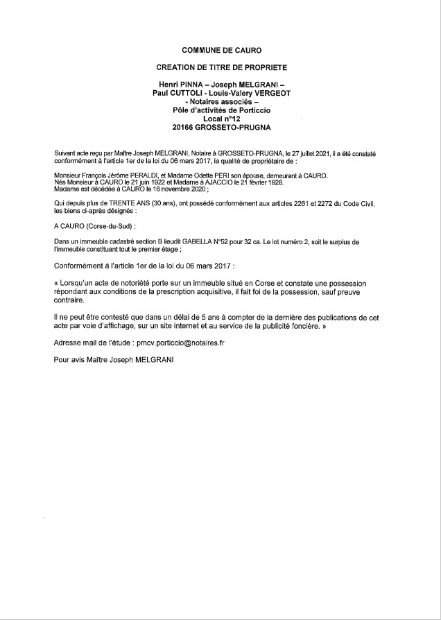 Avis de création de titre de propriété - Commune de Cauro (Corse-du-Sud) Avis de création de titre de propriété - Commune de Cauro (Corse-du-Sud)