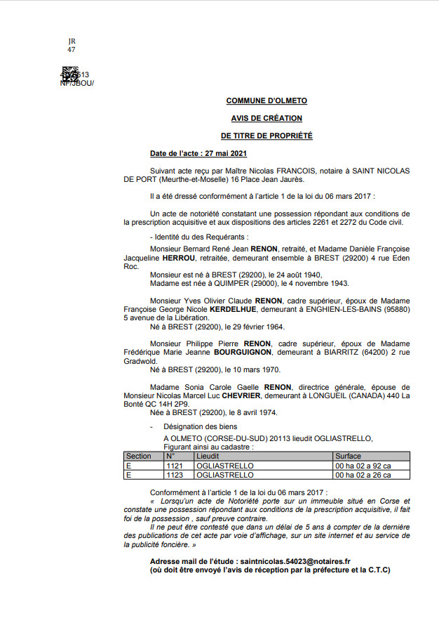 Avis de création de titre de propriété - Commune d'Olmeto (Corse-du-Sud) Avis de création de titre de propriété - Commune d'Olmeto (Corse-du-Sud)