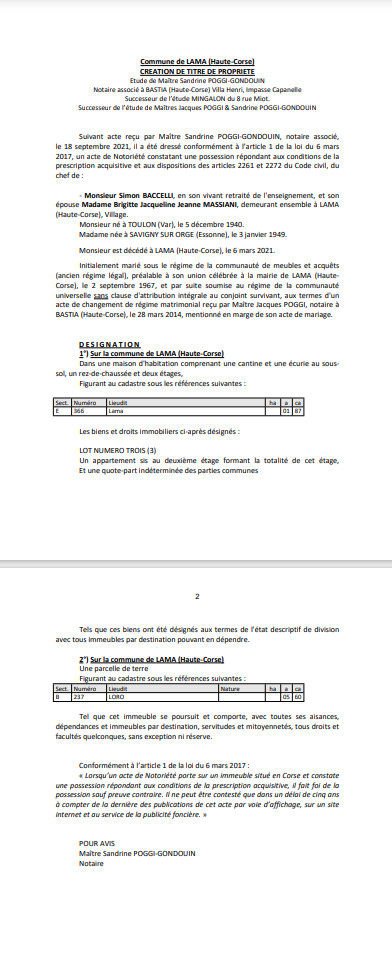 Avis de création de titre de propriété - Commune de Lama (Haute-Corse) Avis de création de titre de propriété - Commune de Lama (Haute-Corse)