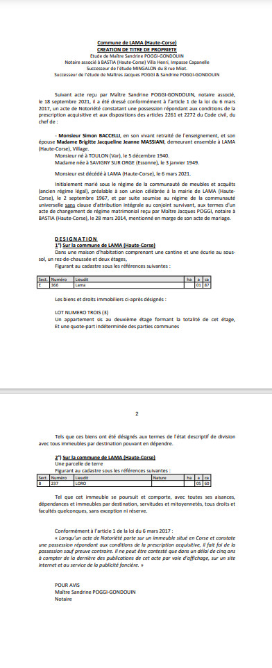 Avis de création de titre de propriété - Commune de Lama (Haute-Corse)