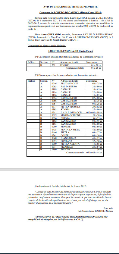  Avis de création de titre de propriété - Commune de Loreto-di-Casinca (Haute-Corse)