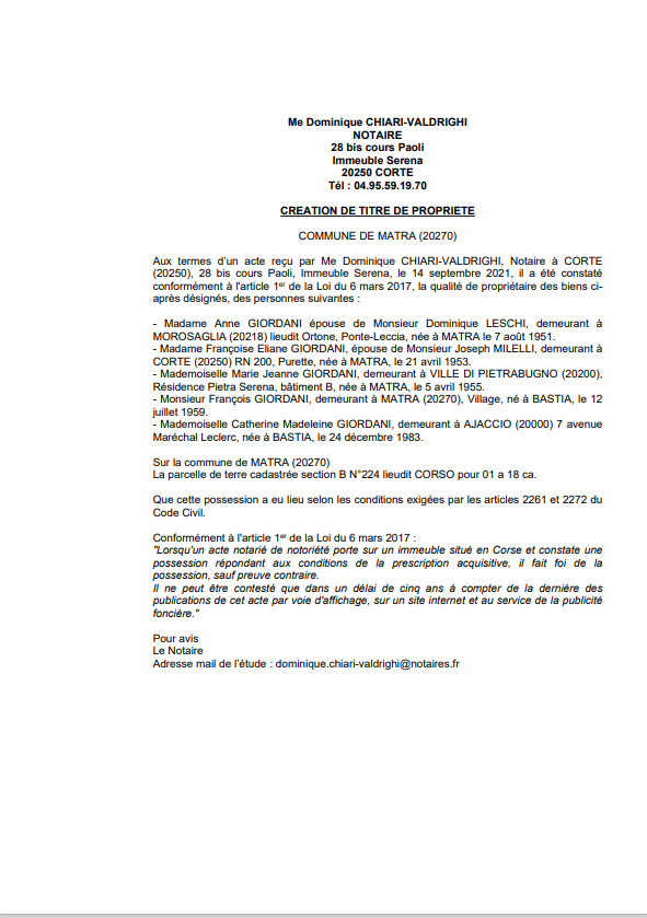 Avis de création de titre de propriété - Commune de Matra (Haute-Corse) Avis de création de titre de propriété - Commune de Matra (Haute-Corse)