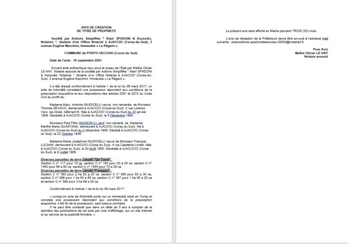 Avis de création de titre de propriété - Commune de Porto-Vecchio (Corse-du-Sud)