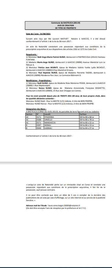 Avis de création de titre de propriété - Commune de Bastelica (Corse-du-Sud) Avis de création de titre de propriété - Commune de Bastelica (Corse-du-Sud)