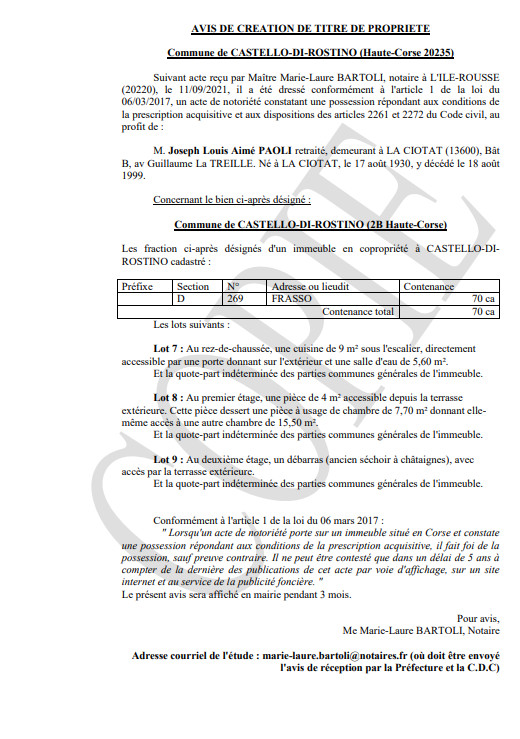 Avis de création de titre de propriété - Commune de Castello-di-Rostino (Haute-Corse) Avis de création de titre de propriété - Commune de Castello-di-Rostino (Haute-Corse)