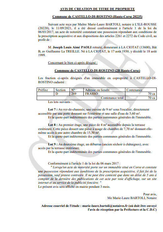 Avis de création de titre de propriété - Commune de Castello-di-Rostino (Haute-Corse)