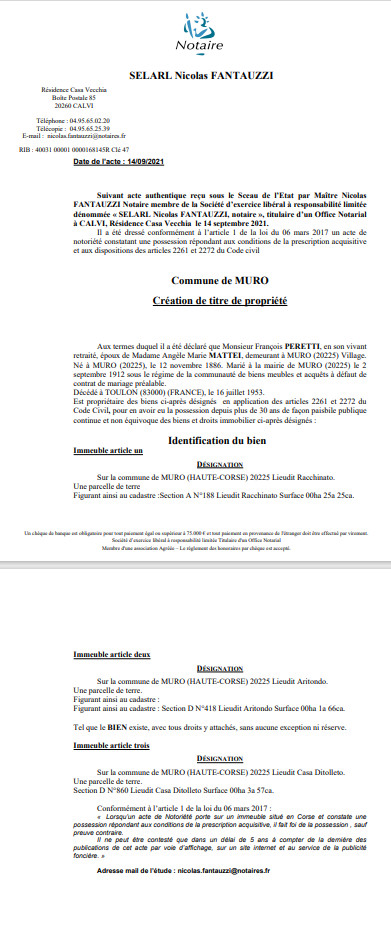 Avis de création de titre de propriété - Commune de Muro (Haute-Corse) Avis de création de titre de propriété - Commune de Muro (Haute-Corse)