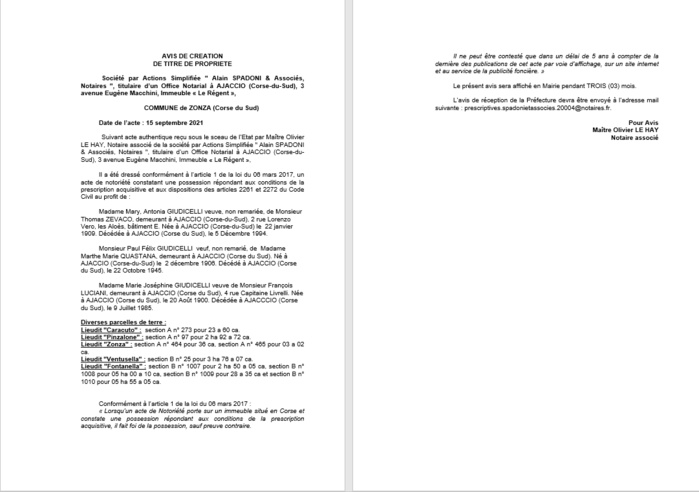 Avis de création de titre de propriété - Commune de Borgo (Haute-Corse)