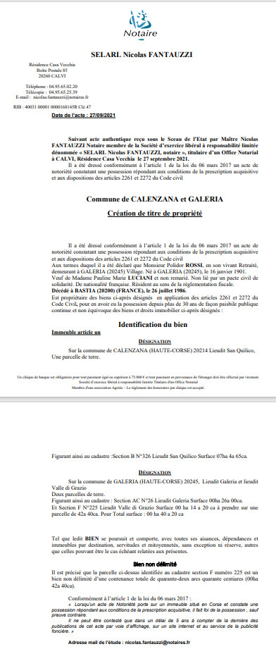  Avis de création de titre de propriété - Communes de Calenzana et Galeria (Haute-Corse)
