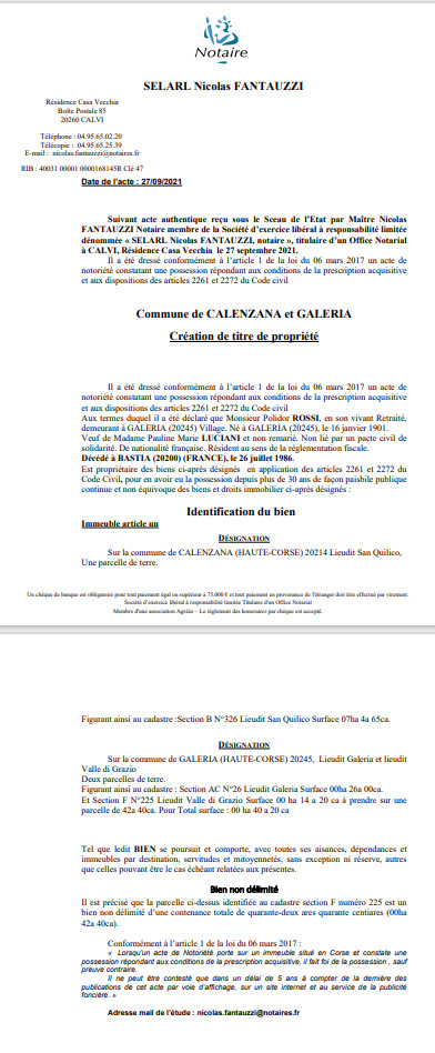 Avis de création de titre de propriété - Communes de Calenzana et Galeria (Haute-Corse) Avis de création de titre de propriété - Communes de Calenzana et Galeria (Haute-Corse)