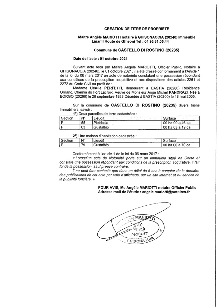 Avis de création de titre de propriété - Commune de Castello di Rustino (Haute-Corse)