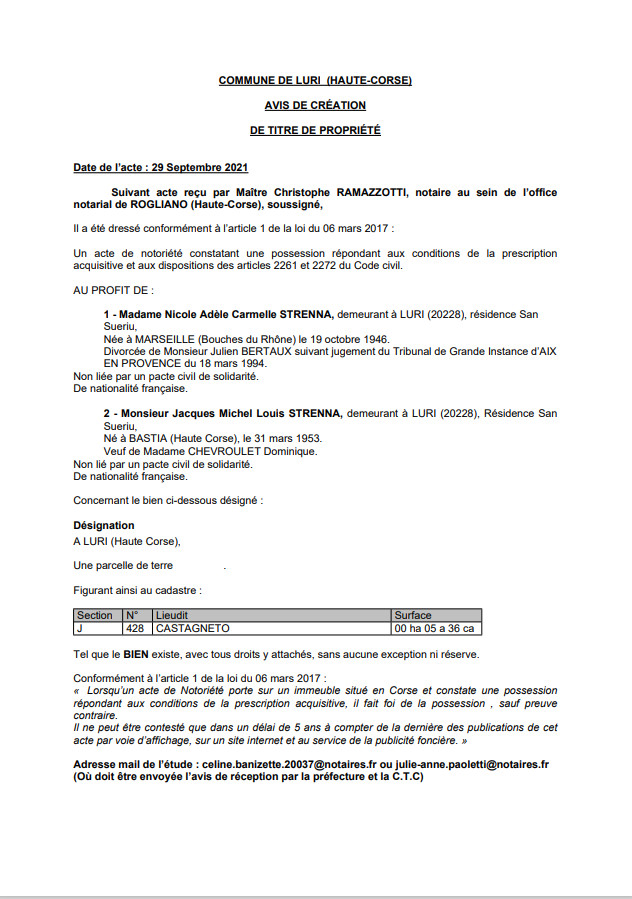 Avis de création de titre de propriété - Commune de Luri (Haute-Corse) Avis de création de titre de propriété - Commune de Luri (Haute-Corse)