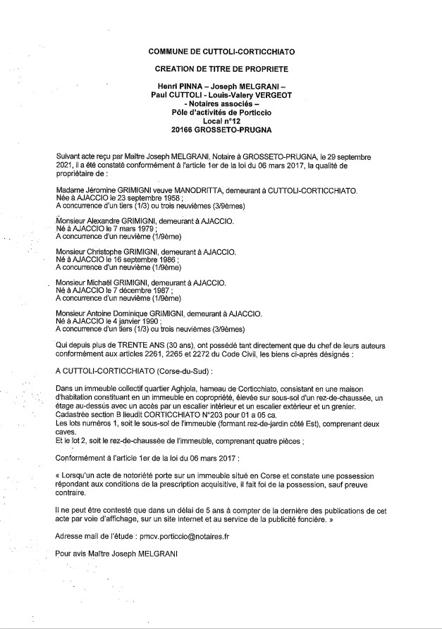 Avis de création de titre de propriété - Commune de Cuttoli-Corticchiato (Corse-du-Sud) Avis de création de titre de propriété - Commune de Cuttoli-Corticchiato (Corse-du-Sud)