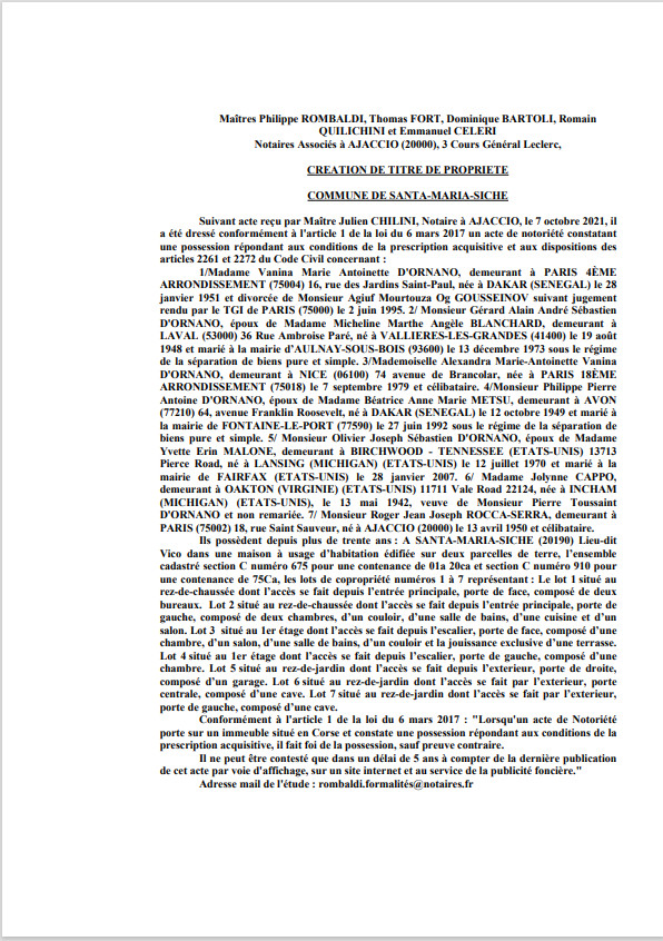 Avis de création de titre de propriété - Commune de Santa-Maria-Siche (Corse-du-Sud) Avis de création de titre de propriété - Commune de Santa-Maria-Siche (Corse-du-Sud)