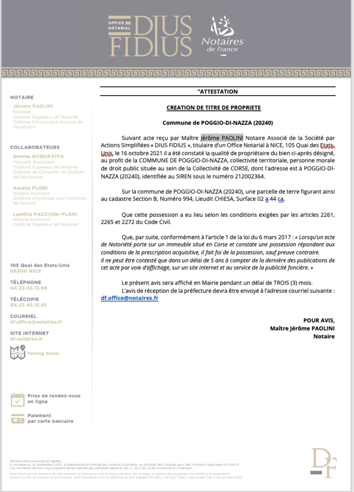 Avis de création de titre de propriété -Commune de Poggio-di-Nazza (Haute-Corse)