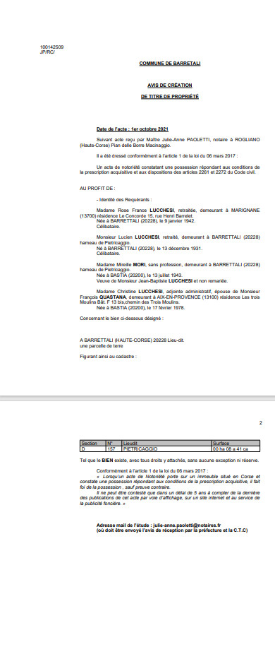 Avis de création de titre de propriété -Commune de Barretali (Haute-Corse)