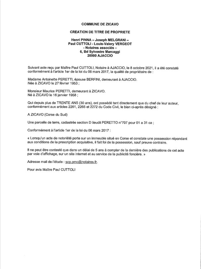 Avis de création de titre de propriété - Commune de Zicavo (Corse-du-Sud)
