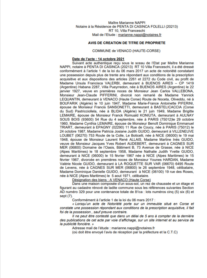 Avis de création de titre de propriété - Commune de Venaco (Haute-Corse)  Avis de création de titre de propriété - Commune de Venaco (Haute-Corse)