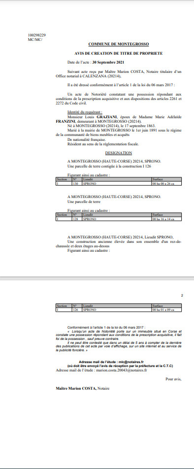  Avis de création de titre de propriété - Commune de Montegrosso (Haute-Corse)