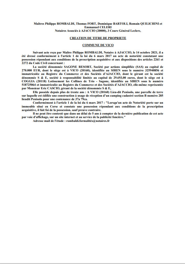 Avis de création de titre de propriété - Commune de Vico (Corse-du-Sud) Avis de création de titre de propriété - Commune de Vico (Corse-du-Sud)