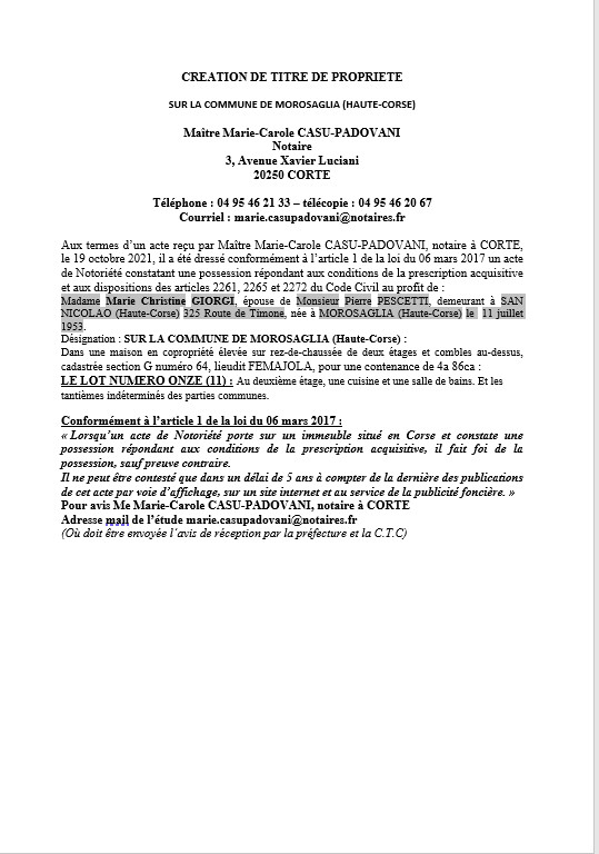 Avis de création de titre de propriété - Commune de Morosaglia (Haute-Corse) Avis de création de titre de propriété - Commune de Morosaglia (Haute-Corse)