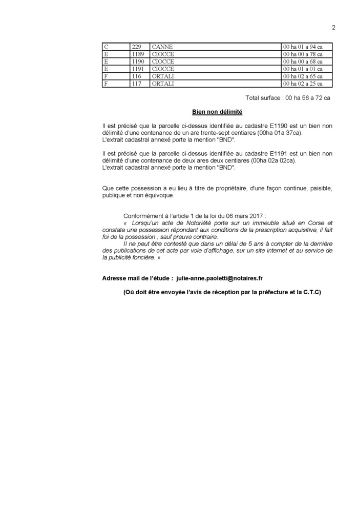 Avis de création de titre de propriété - Commune de Pino (Haute-Corse)