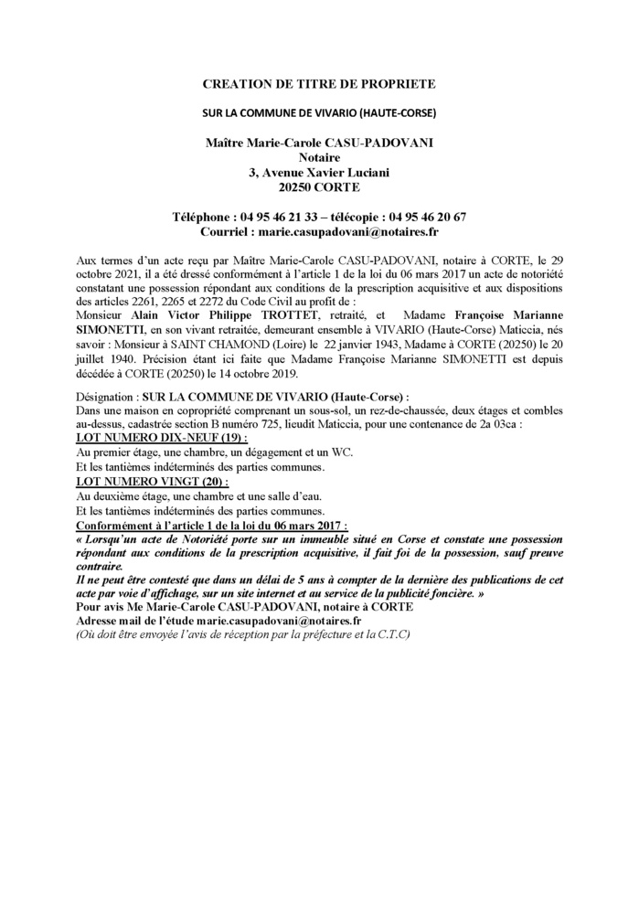 Avis de création de titre de propriété - Commune de Vivario (Haute-Corse)