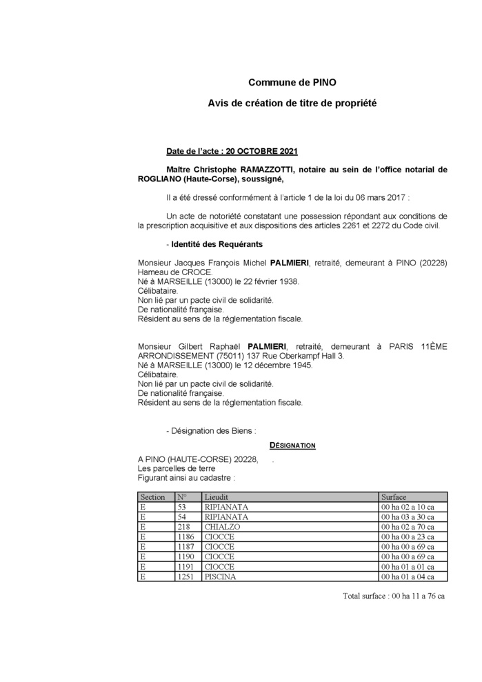 Avis de création de titre de propriété - Commune de Pino (Haute-Corse)