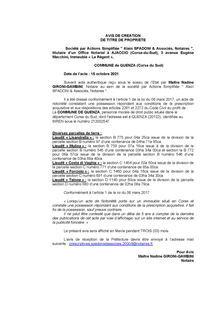 Avis de création de titre de propriété - Commune de Quenza (Corse-du-Sud)