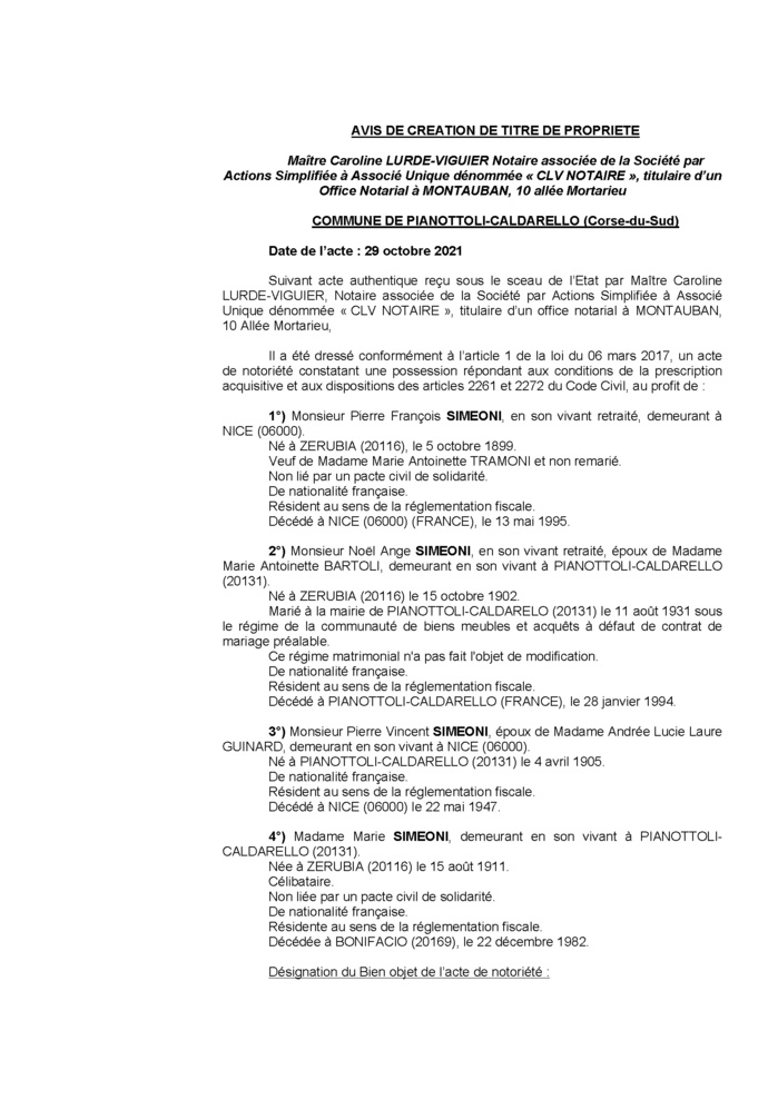 Avis de création de titre de propriété - Commune de Pianottoli-Caldarello (Corse-du-Sud)